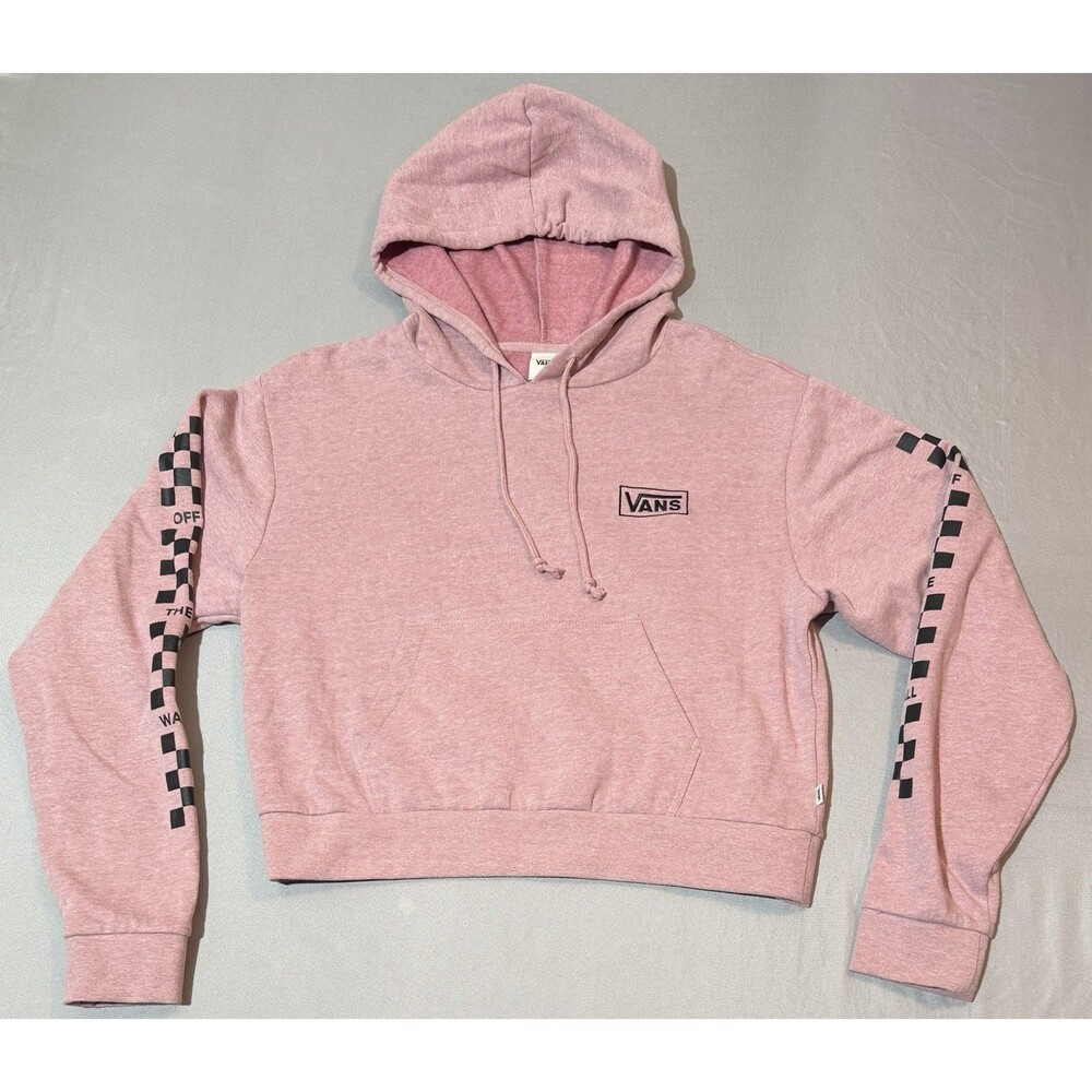 Vans Hoodie Womens Medium Pink Cropped Fleece Pullover Off The Wall Checkerboard